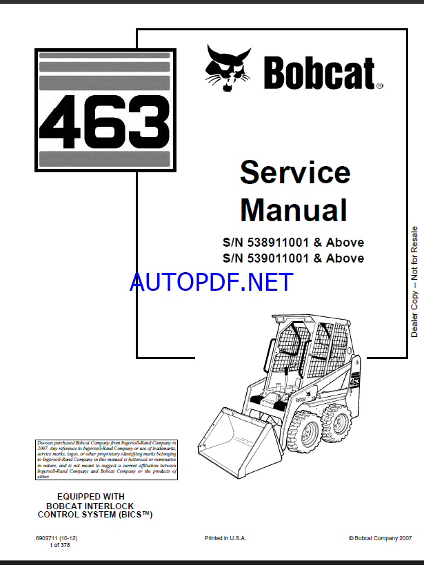 Bobcat 463 Loader Service Manual (6903711) (SN 539011001-539099999)