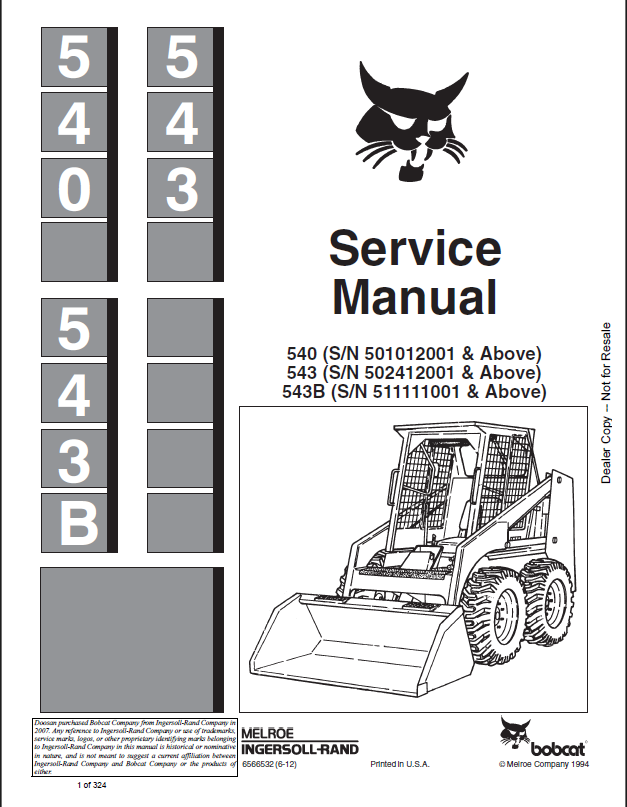 Bobcat 540 Loader Service Manual (6566532) (SN 501012001-501099999)