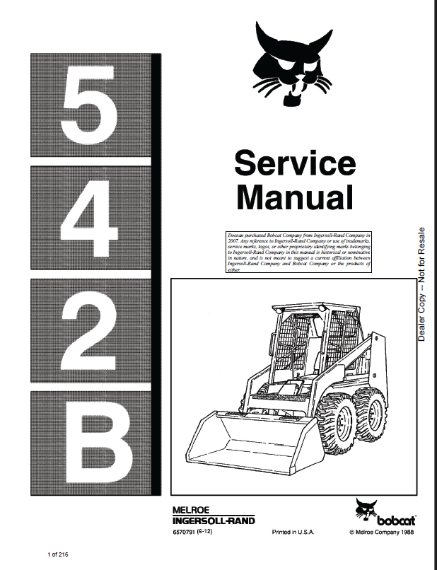 Bobcat 542 Loader Service Manual (6570791) (SN 506911001-506999999)