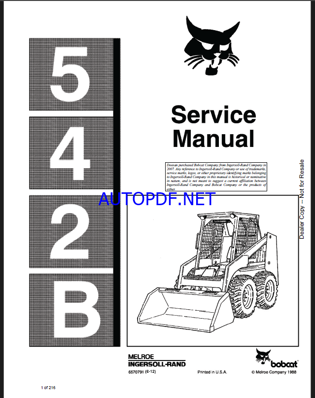 Bobcat 542 Loader Service Manual (6570791) (SN 508512001-508599999)