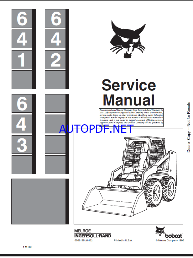Bobcat 641 Loader Service Manual (6566135) (SN 501311001-501399999)