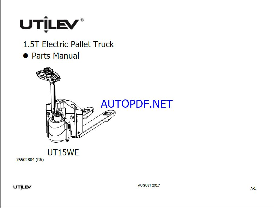 Utilev 1.5T UT15WE Electric Pallet Truck Parts Manual