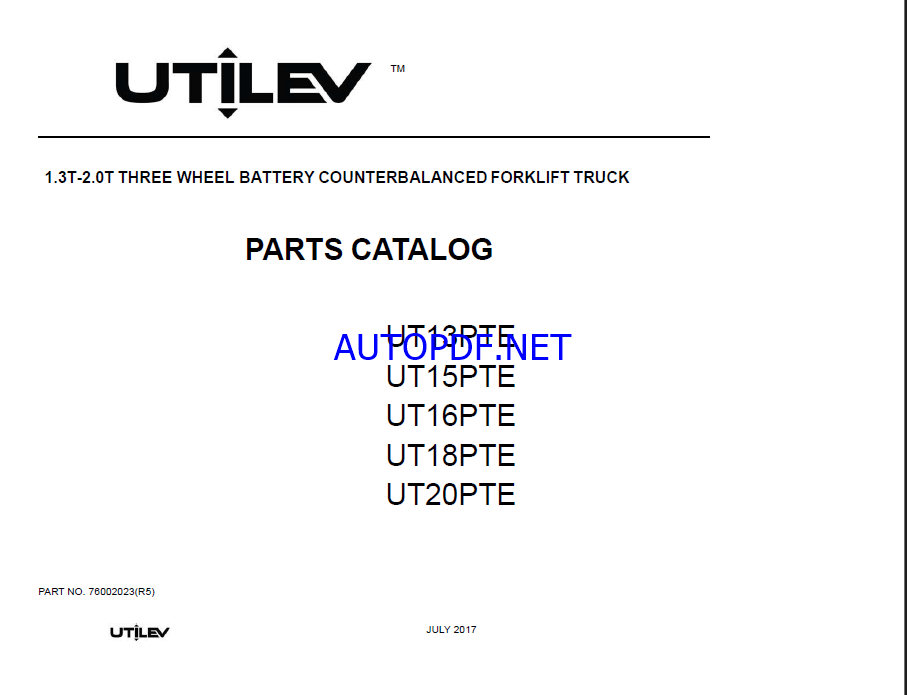 Utilev UT13PTE, UT15PTE, UT16PTE, UT18PTE, UT20PTE Forklift Parts Manual