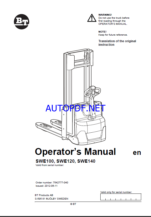 BT SWE100, SWE120, SWE140 Pedestrian Stacker Operators Manual