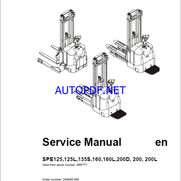 BT SPE125, SPE125L, SPE135S, SPE160, SPE160L, SPE200D, SPE200, SPE200L Electric Stacker Master Service Manual