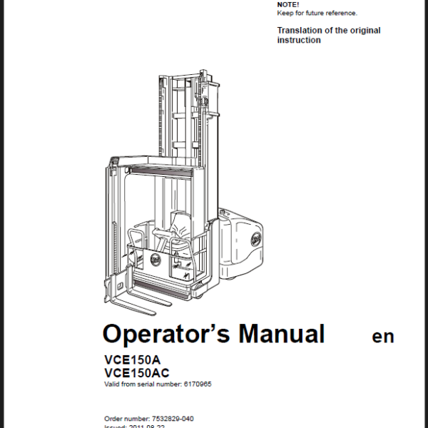 BT VCE150A, VCE150AC Very Narrow Aisle Truck Operators Manual