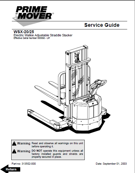 BT WSX20, WSX25 Electric Walkie Adjustable Straddle Stacker Master Service Guide