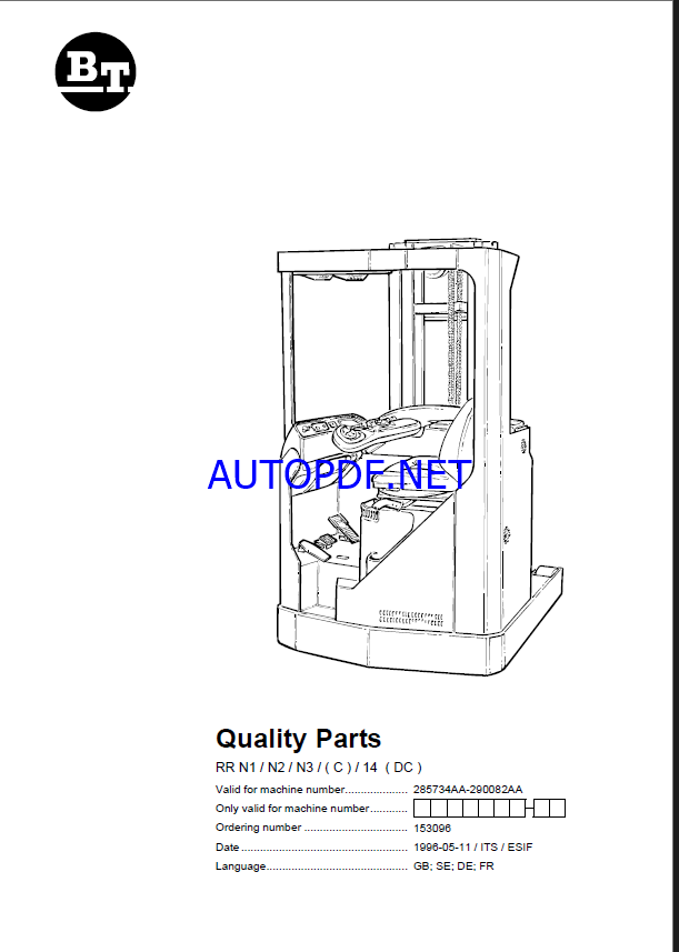 BT RR N1, N2, N3C, 14DC Reach Truck Quality Parts Manual
