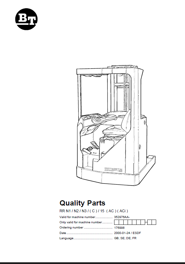 BT RR N1, N2, N3C, 15AC, ACi Reach Truck Quality Parts Manual