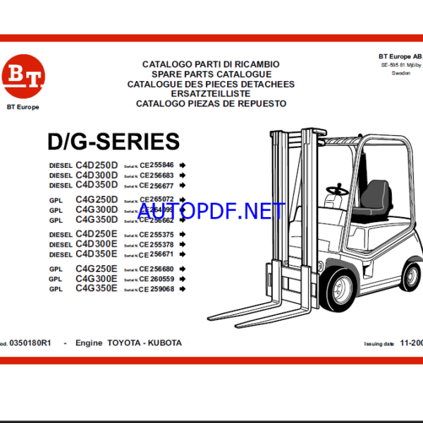 BT D-G Series 250-350 Diesel GPL Forklift Parts Manual (0350180R1)