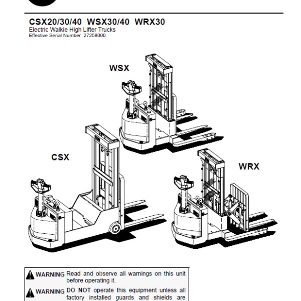 BT CSX20, CSX30, CSX40, WSX30, WSX40, WRX30 Pedestrian Stacker Master Service Manual