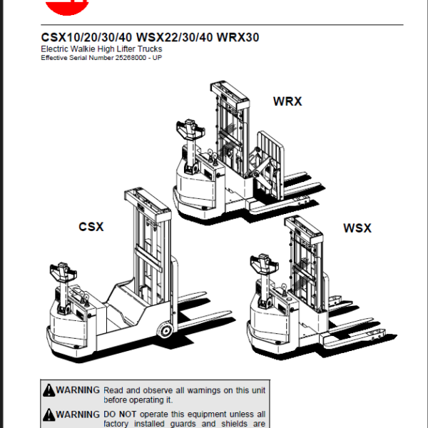 BT CSX10, CSX20, CSX30, CSX40, WSX22, WSX30, WSX40, WRX40 Electric Stacker Master Service Manual