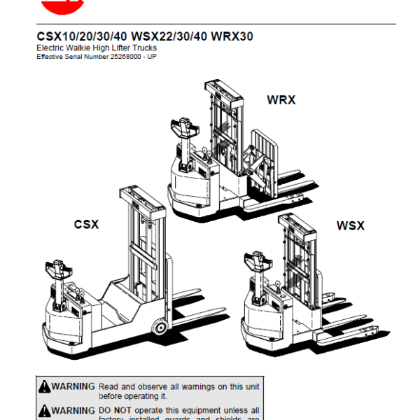 BT CSX10, CSX20, CSX30, CSX40, WSX22, WSX30, WSX40, WRX30 Electric Stacker Master Service Manual