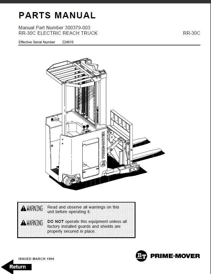BT RR30C Reach Truck Operators Manual