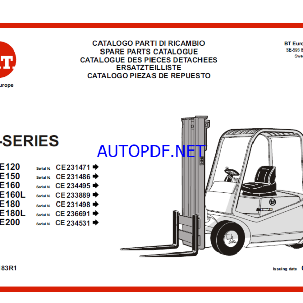 BT C3E120, C3E160, C3E150, C3E160L, C3E180, C3E180L, C3E200 Electric Counterbalance Forklift Cargo Parts Manual