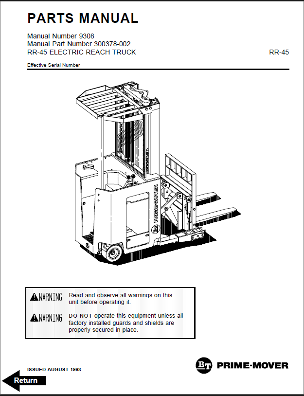 BT RR45 Reach Truck Quality Parts Manual