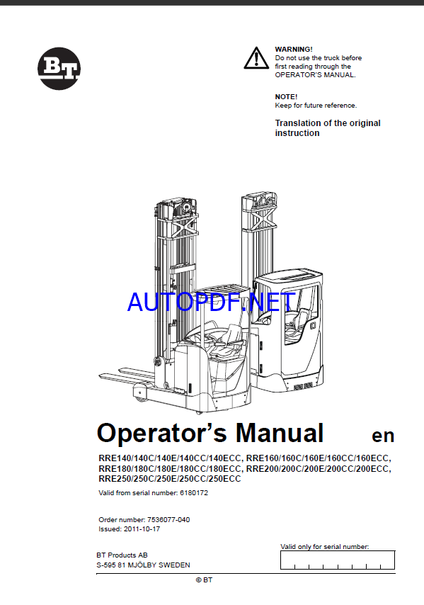BT RRE140, 140C, 140E, 140CC, 140ECC, RRE160, 160C, 160E, 160CC, 160ECC, RRE180, 180C, 180E, Operators Manual