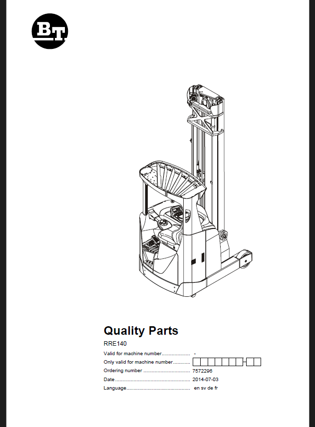 BT RRE140 Reach Truck Quality Parts Manual