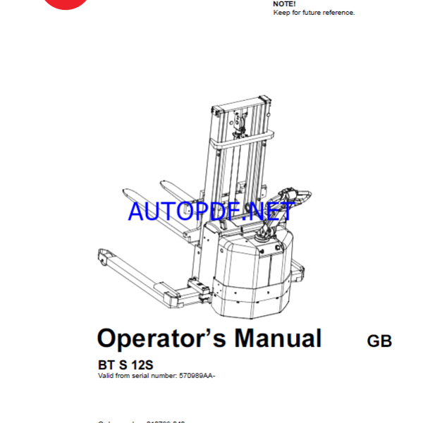 BT S12S Pedestrian Stacker Operators Manual