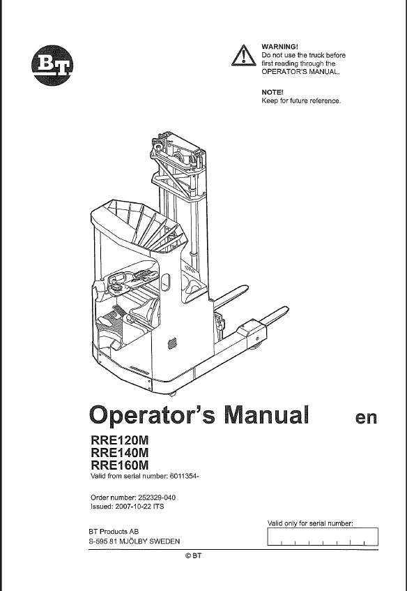 BT RRE120M, RRE140M, RRE160M Reach Truck Operators Manual