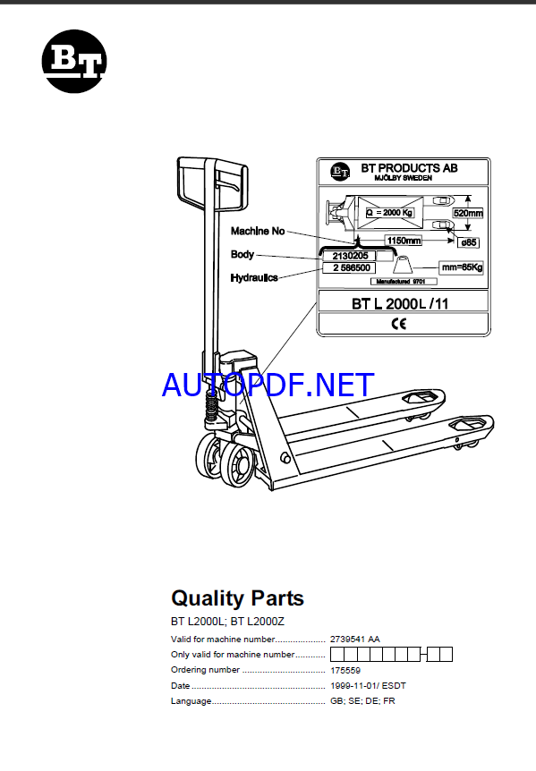 BT L2000L, L2000Z Hand Pallet Truck Quality Parts Manual