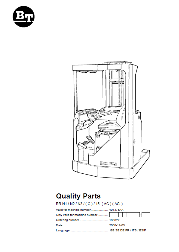 BT RR N1, N2, N3, C, 15AC, ACi Reach Truck Quality Parts Manual