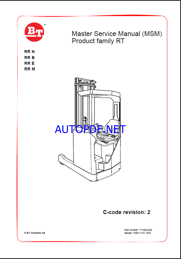 BT RR N, RR B, RR E, RR M Reach Truck Master Service Manual