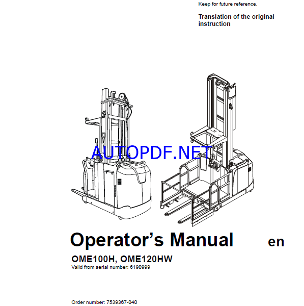 BT OME100H, OME120HW Order Picker Operators Manual