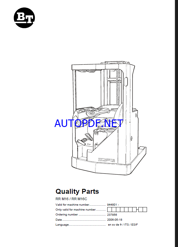 BT RR M16, RR M16C Reach Truck Quality Parts Manual
