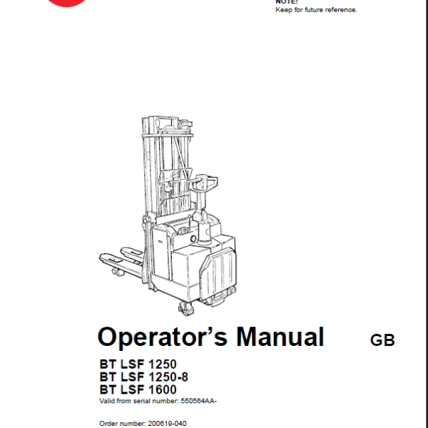 BT LSF1250, LSF1250-8, LSF1600 Pedestrian Stacker Operators Manual