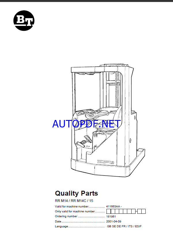 BT RR M14, RR M14C, RR M15 Reach Truck Quality Parts Manual