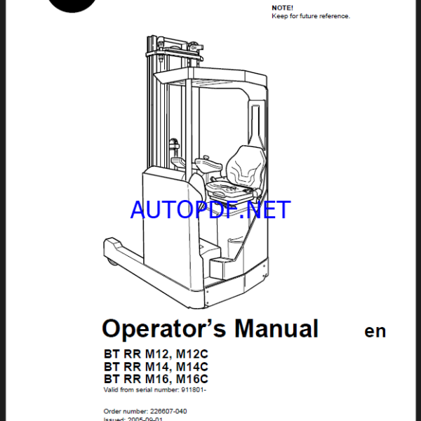 BT RR M12, M12C, RR M14, M14C, RR M16, M16C Reach Truck Operators Manual