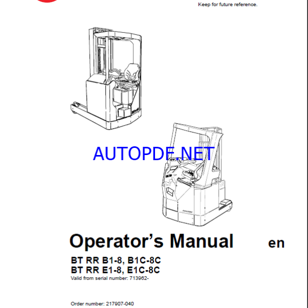 BT RR B1-8, B1C-8C, RR E1-8, E1C-8C Reach Truck Operators Manual