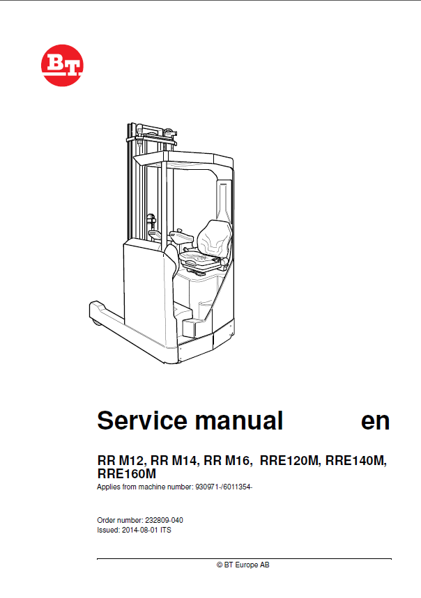 BT RR M12, RR M14, RR M16, RRE120M, RRE140M, RRE160M Reach Truck Master Service Manual