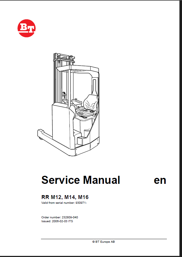 BT RR M12, M14, M16 Reach Truck Master Service Manual